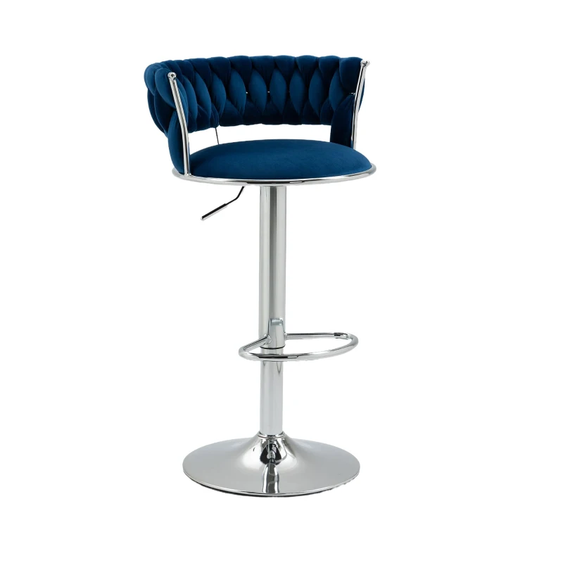 Ensemble de 2 tabourets de bar style art déco avec dossier et repose-pieds, chaise haute hauteur d'assise réglable pivotant 360°, Bleu