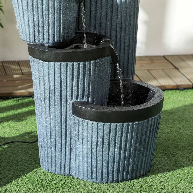 Outsunny Fontanna ogrodowa, imitacja drewnianego beczułka, 4-stopniowa, zasilana energią słoneczną, diody LED, 57cm, Żywica sztuczna, Szary/Czarny