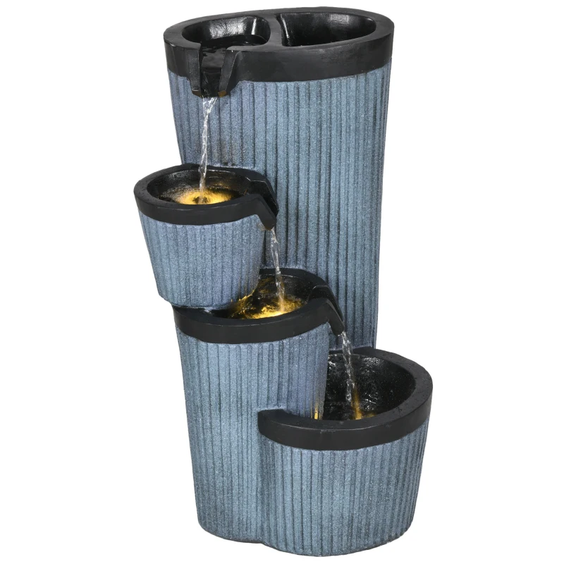 Outsunny Fontanna ogrodowa, imitacja drewnianego beczułka, 4-stopniowa, zasilana energią słoneczną, diody LED, 57cm, Żywica sztuczna, Szary/Czarny