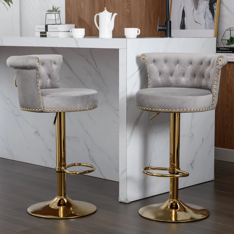 Ensemble de 2 tabourets de bar pivotants et réglables avec repose-pieds pour cuisine et salle à manger, Gris