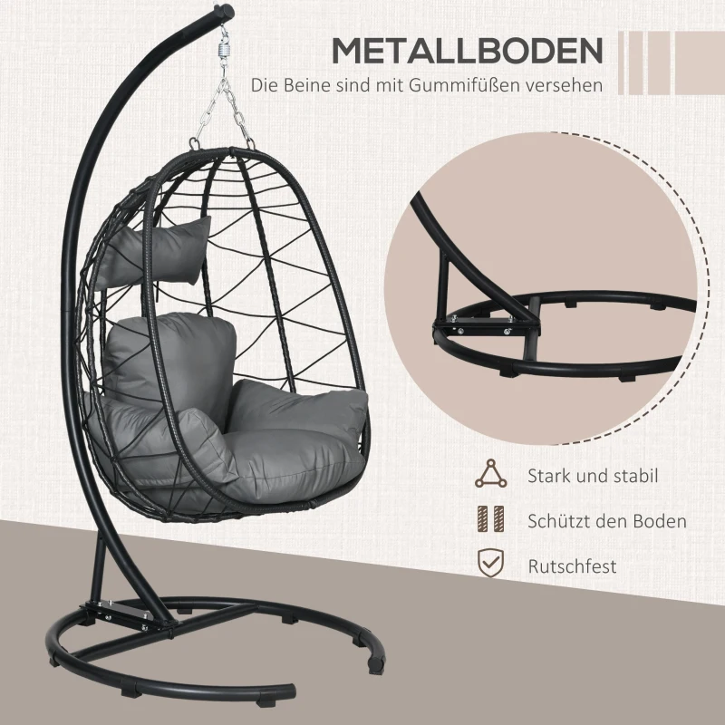 Outsunny Fotel wiszący zewnętrzny Fotel wiszący Egg Chair, odporny na warunki atmosferyczne, w tym poduszki, 102 cm x 102 cm x 195 cm, Ciemnoszary