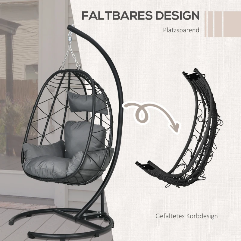 Outsunny Fotel wiszący zewnętrzny Fotel wiszący Egg Chair, odporny na warunki atmosferyczne, w tym poduszki, 102 cm x 102 cm x 195 cm, Ciemnoszary