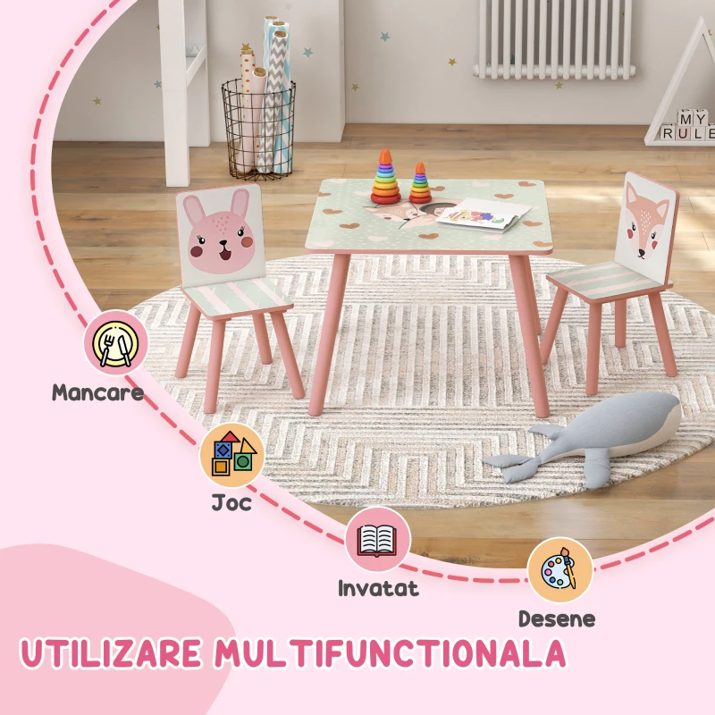 ZONEKIZ Set masa si scaun 3 piese pentru copii lemn de pin cu desene animale roz pentru scoala mobilier camera copilului birou pentru copii mici
