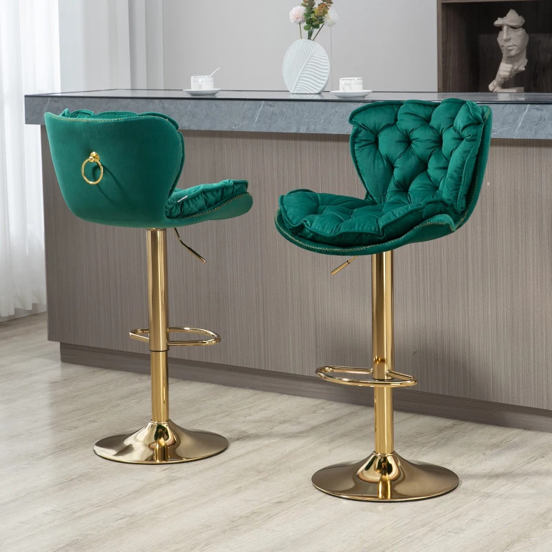 Set di 2 Sgabelli Regolabili girevoli da bar, con Poggiapiedi, in velluto per Cucina e Sala, Smeraldo