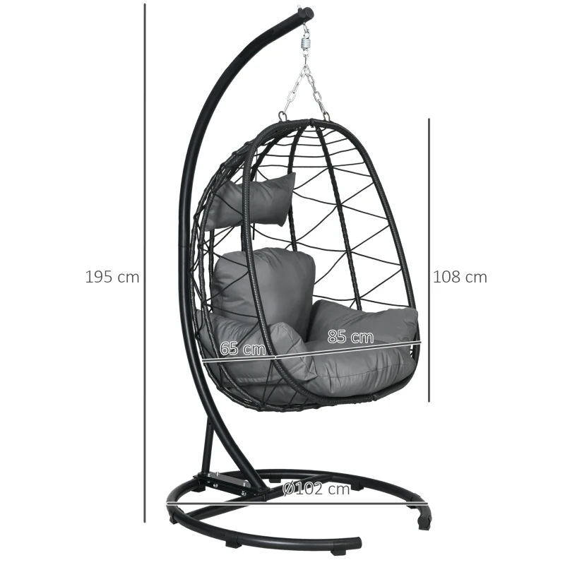 Outsunny Fotel wiszący zewnętrzny Fotel wiszący Egg Chair, odporny na warunki atmosferyczne, w tym poduszki, 102 cm x 102 cm x 195 cm, Ciemnoszary