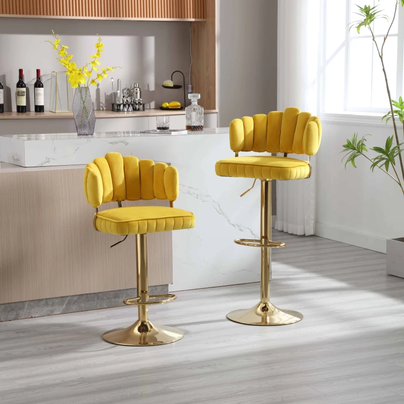 Set di 2 Sgabelli da Bar Girevoli e Regolabili in Altezza con Poggiapiedi, Stile Retro per Cucina e Sala da Pranzo, Giallo Senape