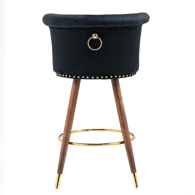 Set di 2 Sgabelli da Bar Girevoli a 360° in Velluto con Design a Borchie e Gambe in Legno per Cucina e Sala da Pranzo, Nero
