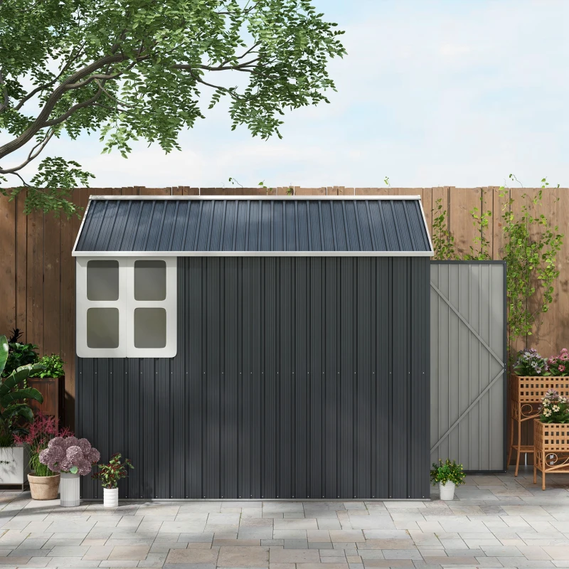 Outsunny Szopa Ogrodowa, Dom Narzędziowy z Metalu, Podwójne Drzwi, Okno, 259x172x222 cm, Szary/Biały