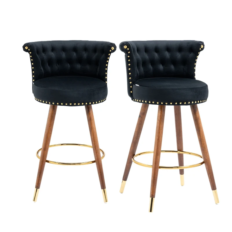 Set di 2 Sgabelli da Bar Girevoli a 360° in Velluto con Design a Borchie e Gambe in Legno per Cucina e Sala da Pranzo, Nero