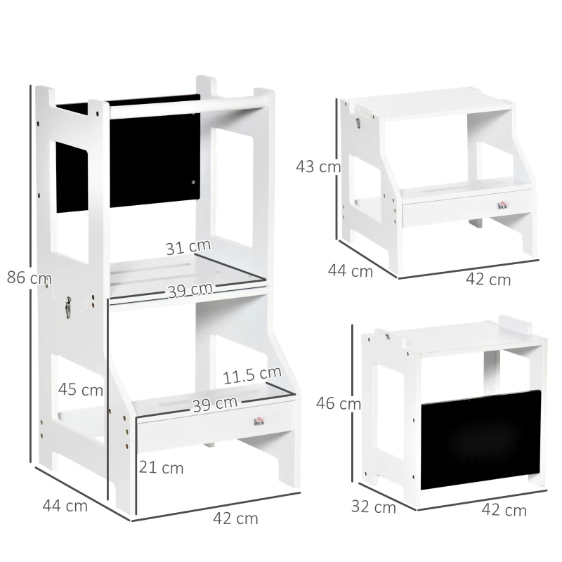HOMCOM 2 in 1 Kids Kitchen Step Stool with Safety Rail Toddler Steps with Chalkboard for Kitchen Bathroom, White(m-3)