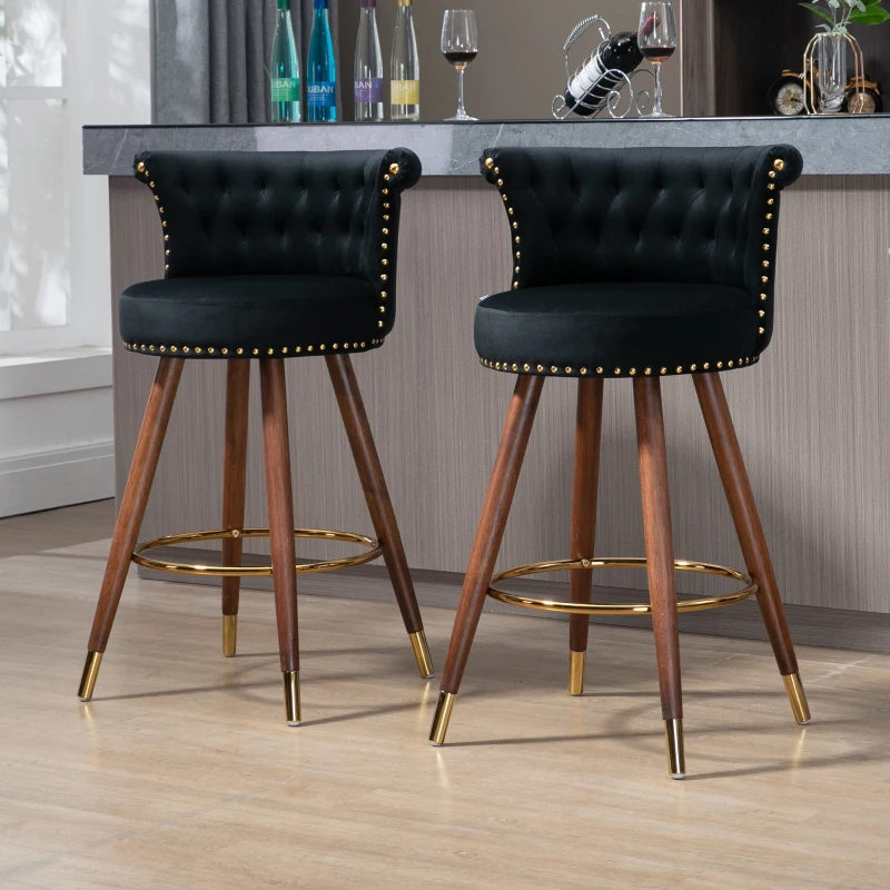 Set di 2 Sgabelli da Bar Girevoli a 360° in Velluto con Design a Borchie e Gambe in Legno per Cucina e Sala da Pranzo, Nero