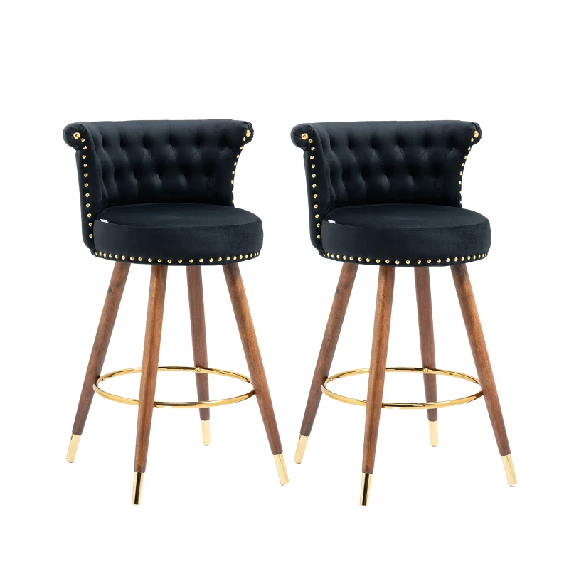 Set di 2 Sgabelli da Bar Girevoli a 360° in Velluto con Design a Borchie e Gambe in Legno per Cucina e Sala da Pranzo, Nero