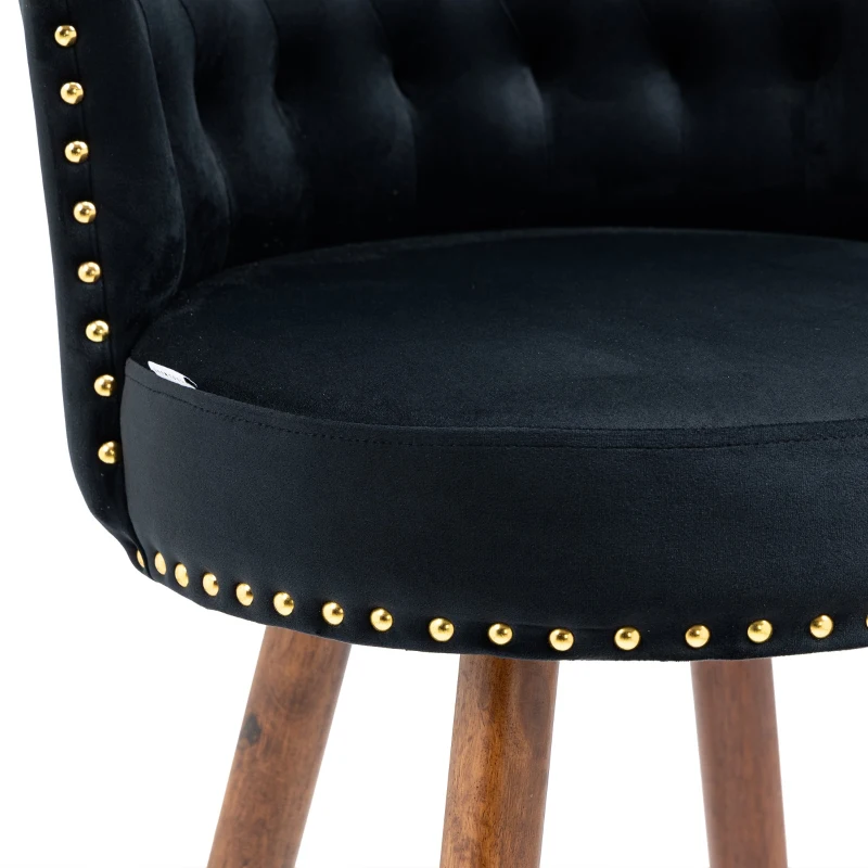Set di 2 Sgabelli da Bar Girevoli a 360° in Velluto con Design a Borchie e Gambe in Legno per Cucina e Sala da Pranzo, Nero