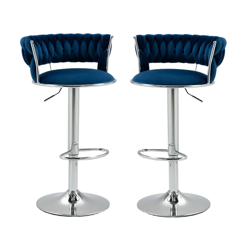 Ensemble de 2 tabourets de bar style art déco avec dossier et repose-pieds, chaise haute hauteur d'assise réglable pivotant 360°, Bleu