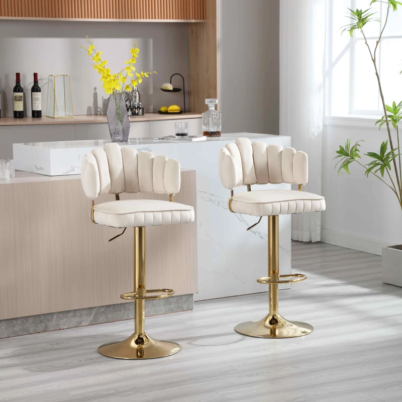 Set di 2 Sgabelli da Bar Girevoli e Regolabili in Altezza con Poggiapiedi, Stile Retro per Cucina e Sala da Pranzo, Avorio