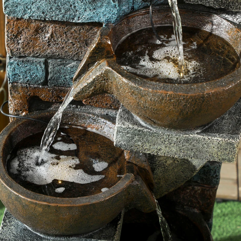 Outsunny Fontanna Ogrodowa, Styl Ceglanym, 5-stopniowa, Zasilana Słonecznie, Diodami LED, 107cm, Żywica Syntetyczna, Szary/Brąz