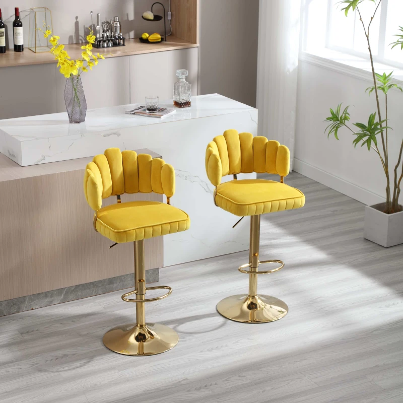 Set di 2 Sgabelli da Bar Girevoli e Regolabili in Altezza con Poggiapiedi, Stile Retro per Cucina e Sala da Pranzo, Giallo Senape