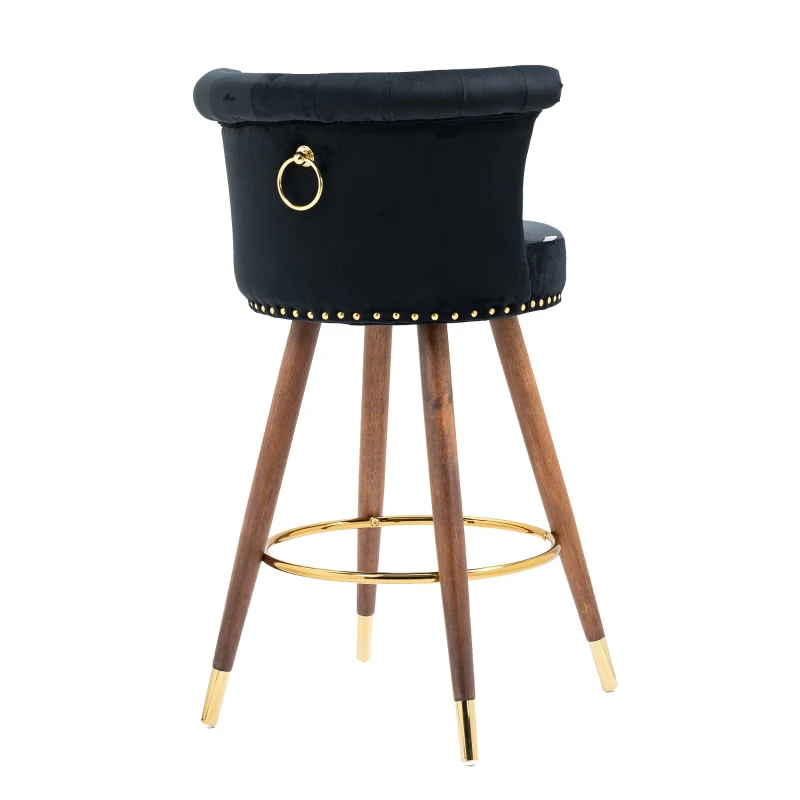Set di 2 Sgabelli da Bar Girevoli a 360° in Velluto con Design a Borchie e Gambe in Legno per Cucina e Sala da Pranzo, Nero