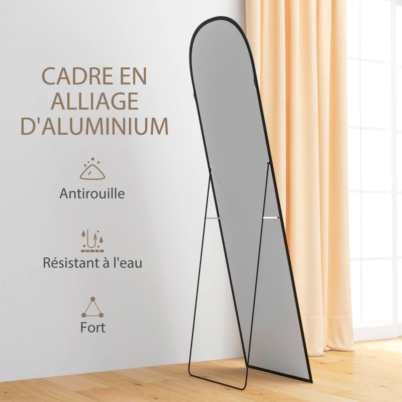 HOMCOM Miroir sur pied rectangulaire arrondi cadre en aluminium avec support pour entrée chambre dressing 50 x 161,5 cm noir