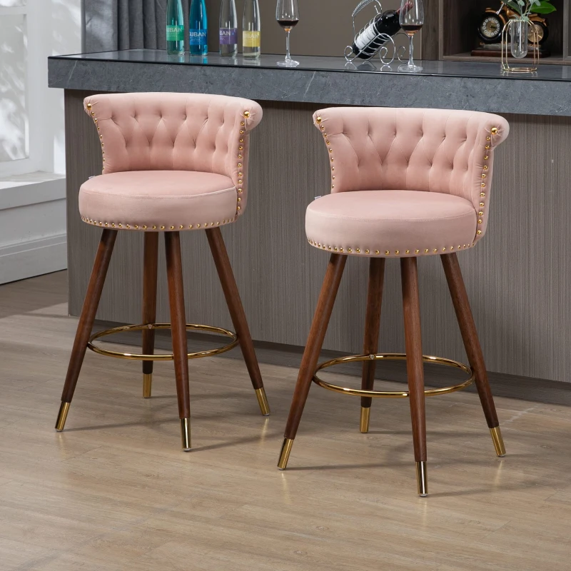 Ensemble de 2 tabourets de bar en velours clouté, pieds en bois pour Cuisine et Salle à Manger, assie enveloppante, Rose