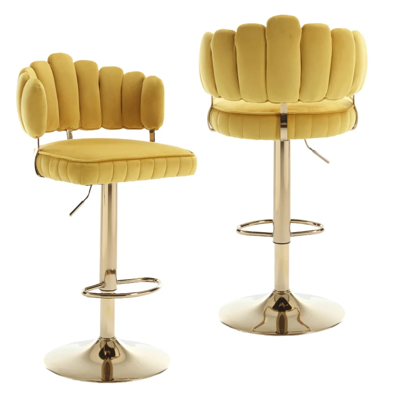 Set di 2 Sgabelli da Bar Girevoli e Regolabili in Altezza con Poggiapiedi, Stile Retro per Cucina e Sala da Pranzo, Giallo Senape
