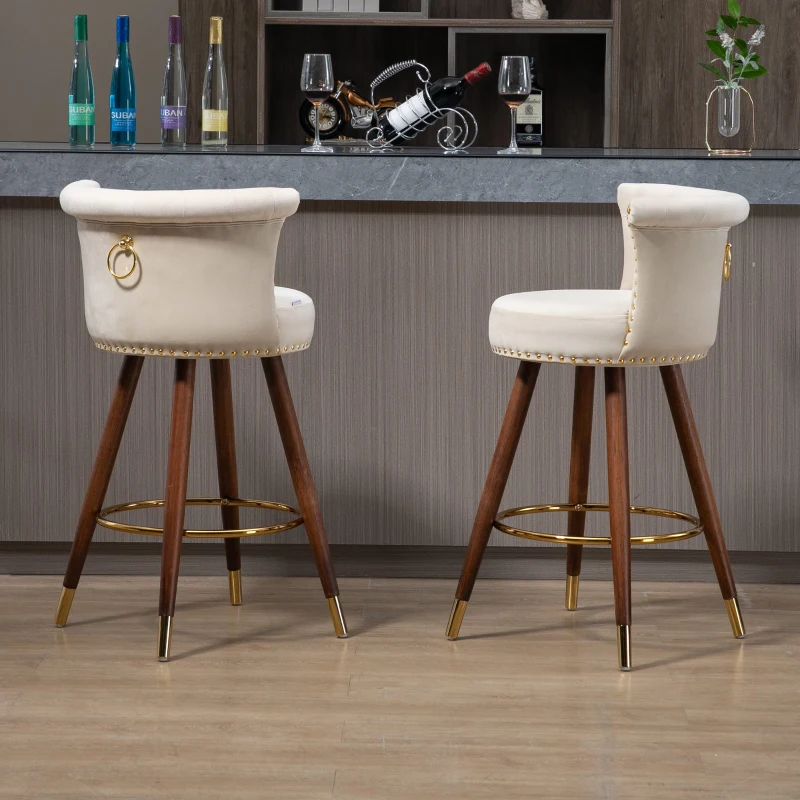 Ensemble de 2 tabourets de bar en velours clouté, pieds en bois pour Cuisine et Salle à Manger, assie enveloppante, Ivoire