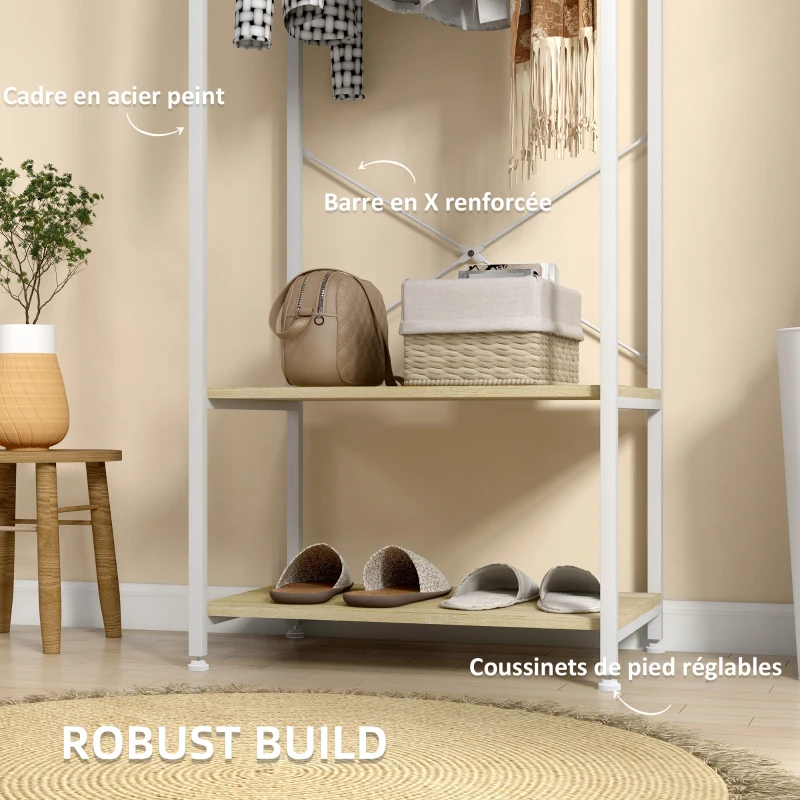 HOMCOM Porte-Manteaux avec tringle et 2 étagère à chaussures 60L x 40l x 167,5H cm Aspect bois Clair métal Blanc