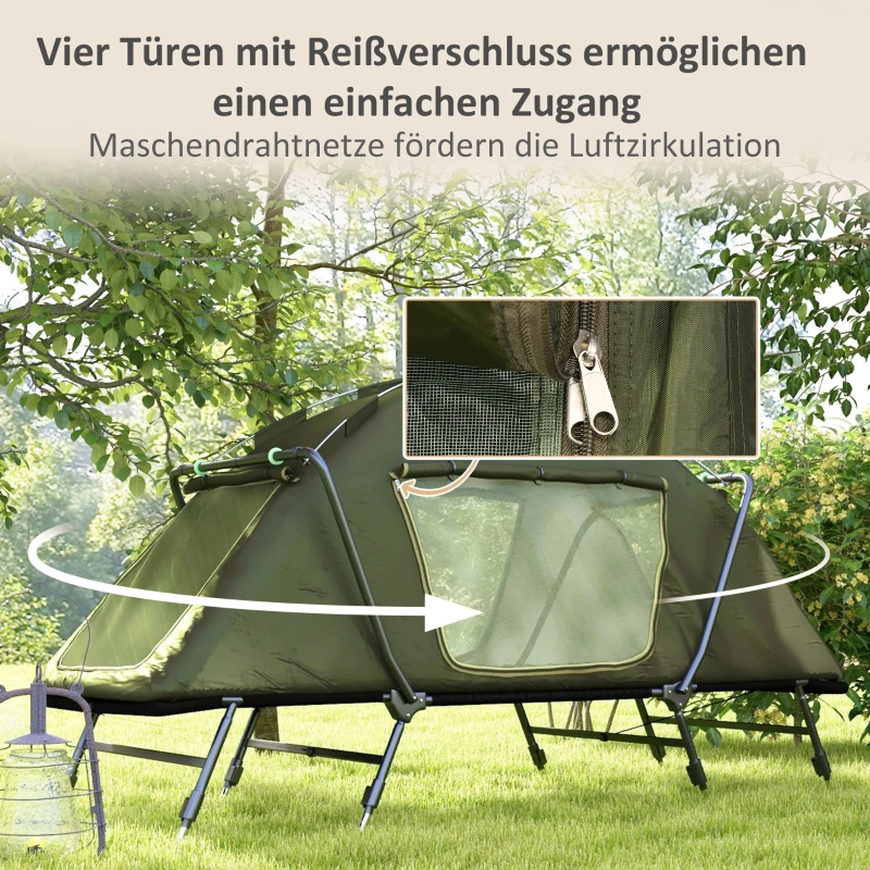 Outsunny 2-w-1 łóżko polowe, wodoodporna plandeka namiotowa, regulowane metalowe nogi, do 180 kg, 215 x 80 x 125 cm, Zielony