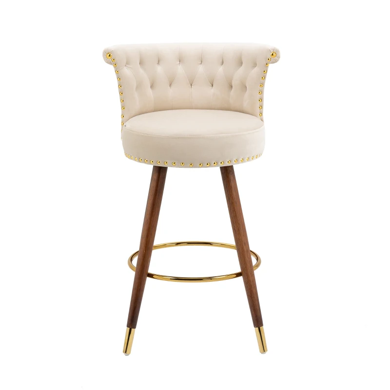 Ensemble de 2 tabourets de bar en velours clouté, pieds en bois pour Cuisine et Salle à Manger, assie enveloppante, Ivoire