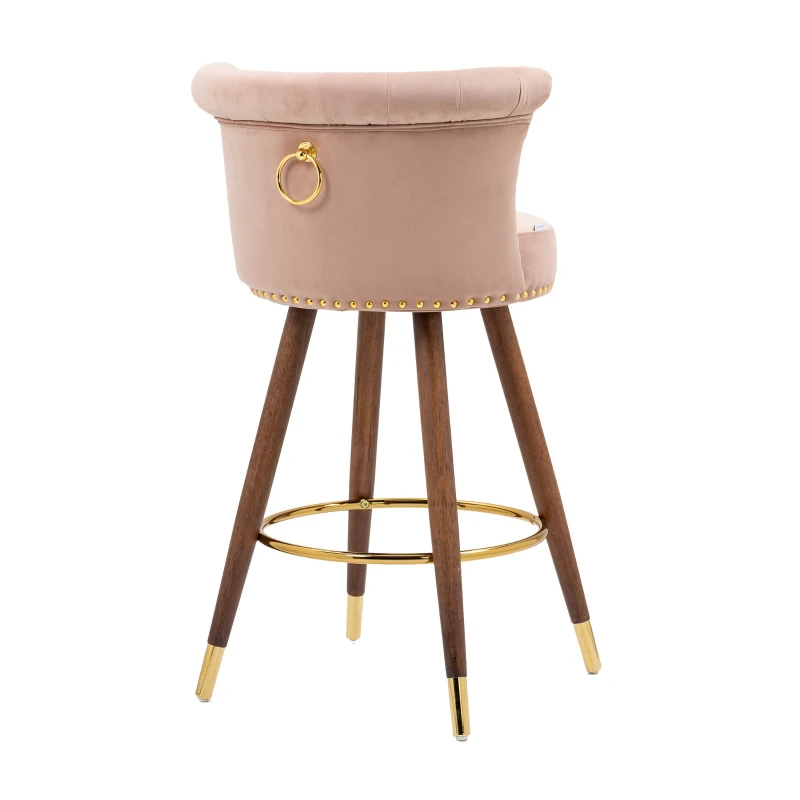 Ensemble de 2 tabourets de bar en velours clouté, pieds en bois pour Cuisine et Salle à Manger, assie enveloppante, Rose