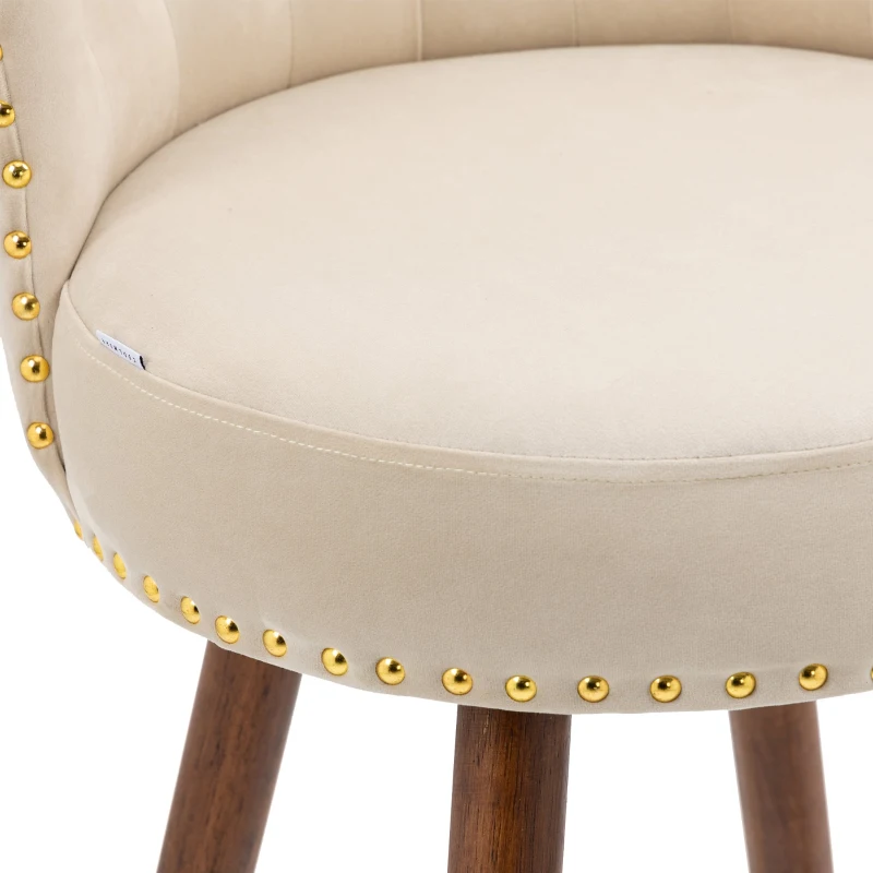 Ensemble de 2 tabourets de bar en velours clouté, pieds en bois pour Cuisine et Salle à Manger, assie enveloppante, Ivoire