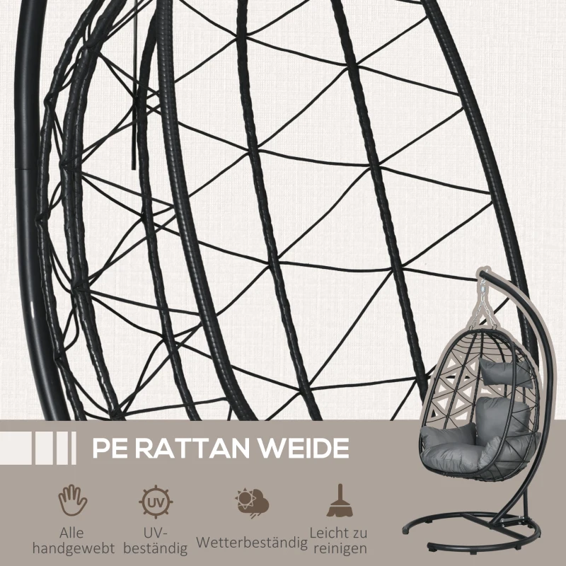 Outsunny Fotel wiszący zewnętrzny Fotel wiszący Egg Chair, odporny na warunki atmosferyczne, w tym poduszki, 102 cm x 102 cm x 195 cm, Ciemnoszary