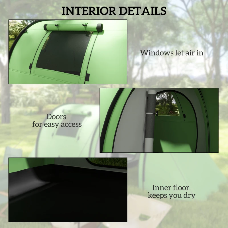 Outsunny Four Man Duo Room Tunnel Tent, with Accessories - Green