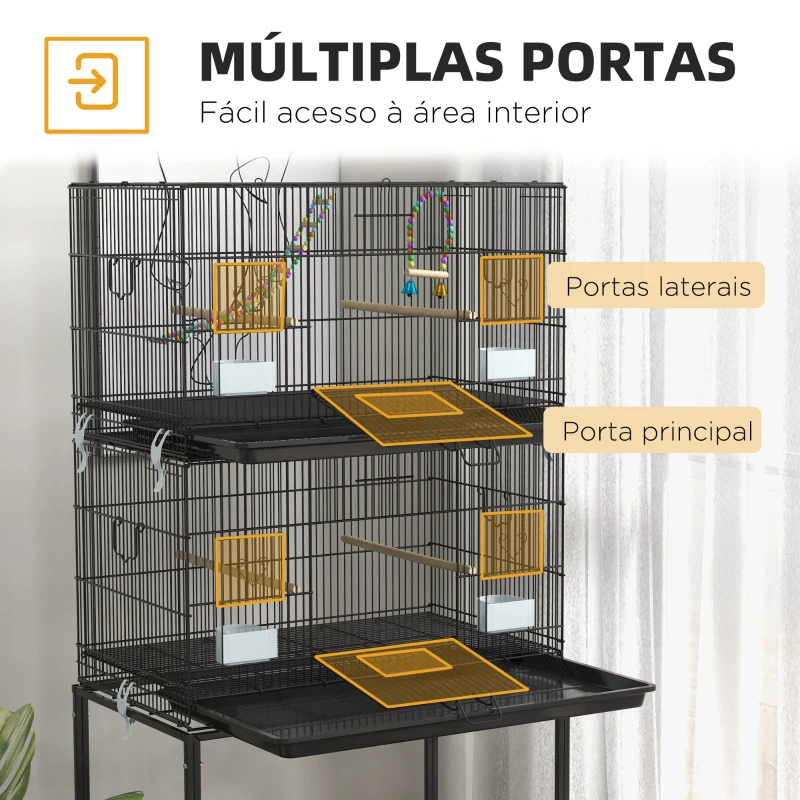 PawHut Gaiola Dupla e Empilhável para Pássaros 77x46x164 cm com Rodas Poleiros Bandeja Amovível Comedouros Baloiço e Escada Preto