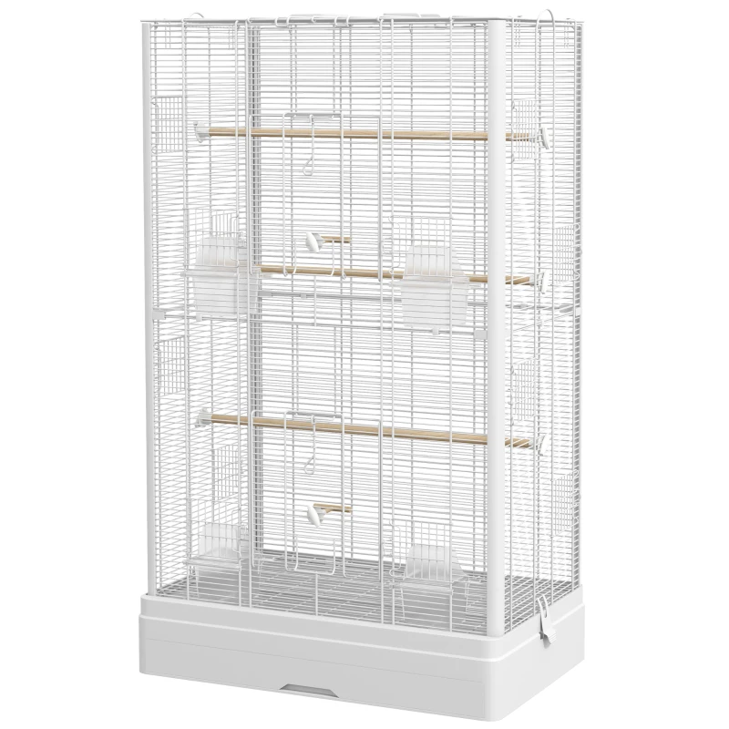 PawHut Gaiola para Pássaros 61x36,5x98 cm com Portas Poleiros Bandeja Removível e Alças para Canários Periquitos Branco