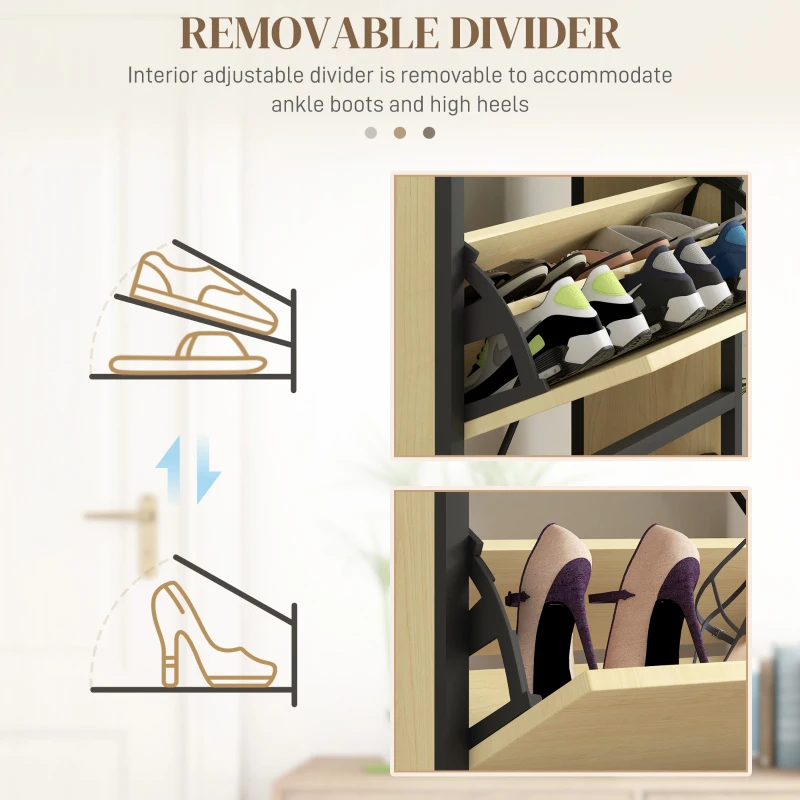HOMCOM Dulap Îngust pentru Pantofi cu 3 Sertare Flip, Dulap Subțire cu Rafturi Reglabile, 60x24x124 cm, Lemn Natural(m-6)
