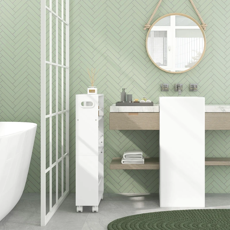 HOMCOM Estante de Casa de Banho com Rodas Carrinho Auxiliar de 3 Níveis com Barras Laterais e Alças 45x15x80 cm Branco