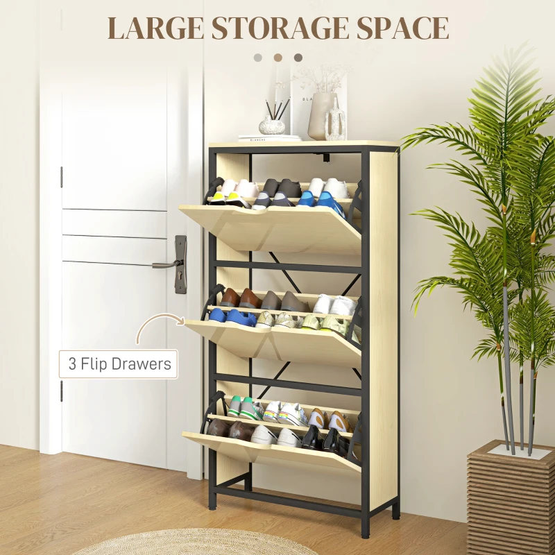 HOMCOM Dulap Îngust pentru Pantofi cu 3 Sertare Flip, Dulap Subțire cu Rafturi Reglabile, 60x24x124 cm, Lemn Natural(m-4)