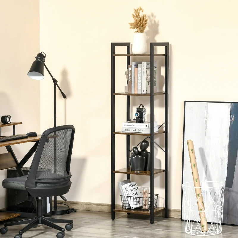 HOMCOM Libreria Stile Industriale a 5 Scaffali in Legno e Acciaio, 40x30x154cm, Marrone Rustico