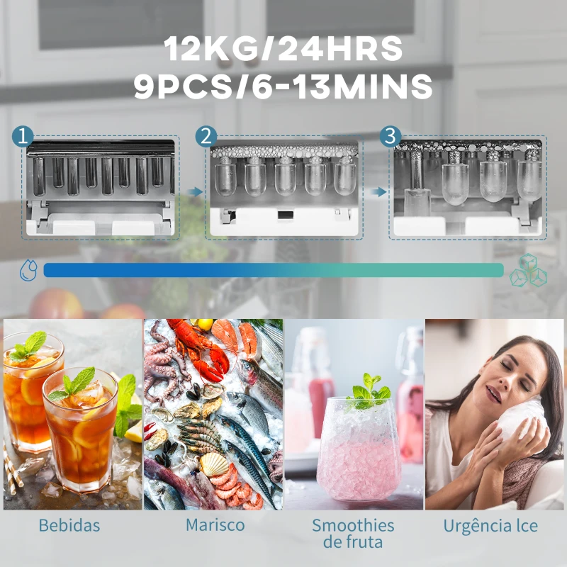 HOMCOM Máquina de Fazer Gelo Silenciosa com Produção de 12 kg em 24 Horas 9 Cubos de Gelo em 6-13 Minutos 22,8x30,3x29 cm Branco