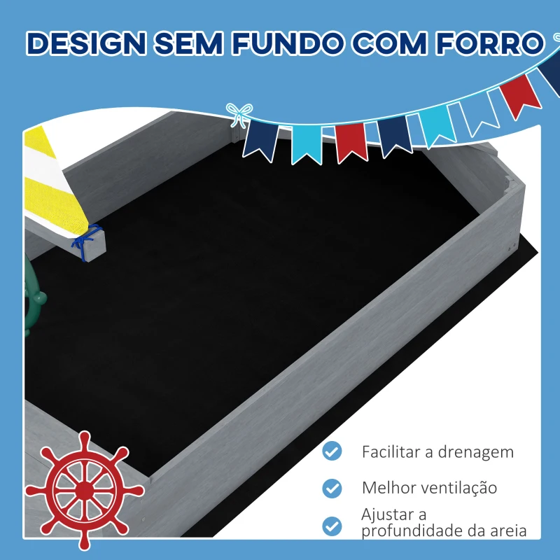 Outsunny Caixa de Areia para Crianças de Madeira com Bandeira e Leme em Forma de Veleiro para Pátio Jardim 190x90x138 cm Cinza Escuro