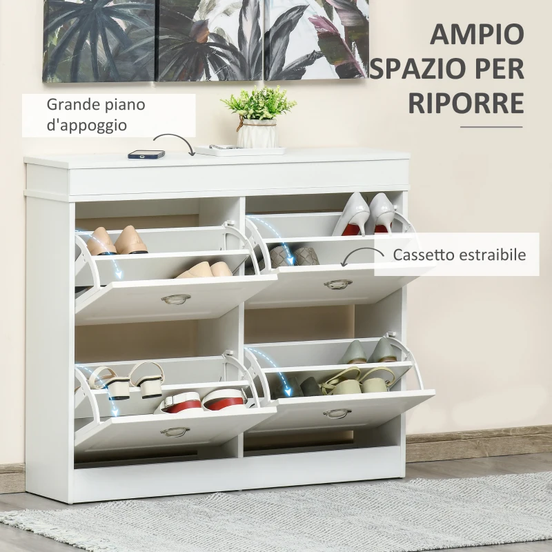 HOMCOM Scarpiera Salvaspazio in Legno 4 Cassetti a Ribalta con Mensola Regolabile per 16 Scarpe, 98x24x83cm, Bianco