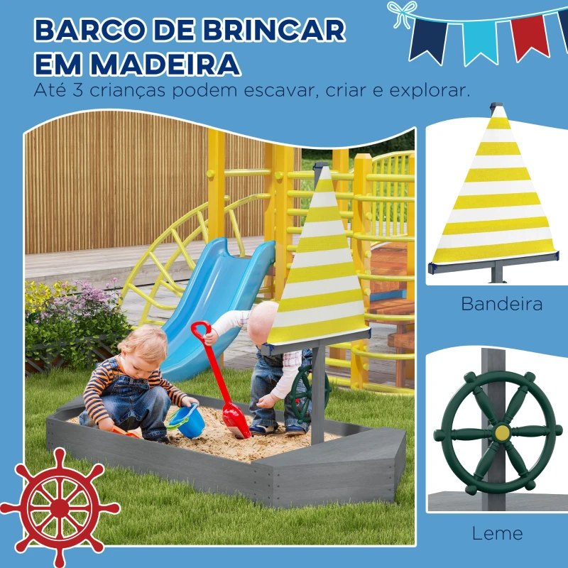 Outsunny Caixa de Areia para Crianças de Madeira com Bandeira e Leme em Forma de Veleiro para Pátio Jardim 190x90x138 cm Cinza Escuro