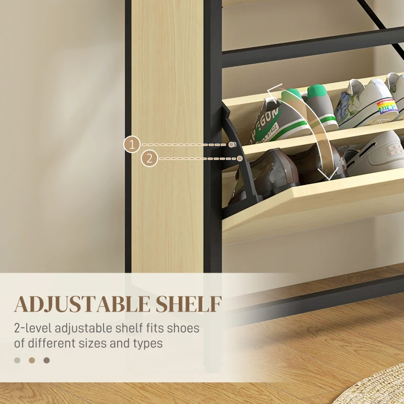 HOMCOM Dulap Îngust pentru Pantofi cu 3 Sertare Flip, Dulap Subțire cu Rafturi Reglabile, 60x24x124 cm, Lemn Natural(m-5)