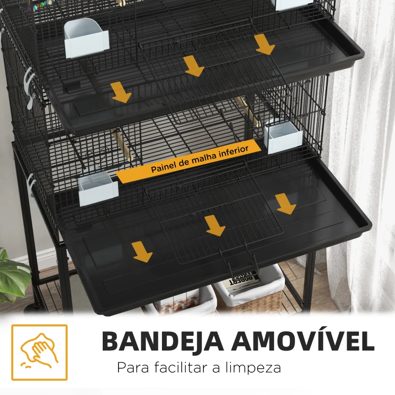 PawHut Gaiola Dupla e Empilhável para Pássaros 77x46x164 cm com Rodas Poleiros Bandeja Amovível Comedouros Baloiço e Escada Preto
