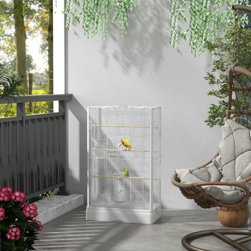 PawHut Gaiola para Pássaros 61x36,5x98 cm com Portas Poleiros Bandeja Removível e Alças para Canários Periquitos Branco