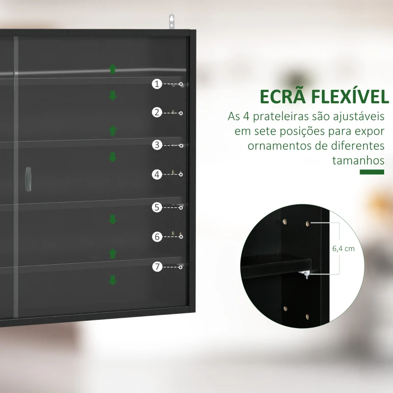 HOMCOM Vitrine de Parede de Madeira com Prateleiras Ajustáveis e 2 Portas Corredeiras de Vidro para Coleções Perfumes 80x9,5x60cm Preto