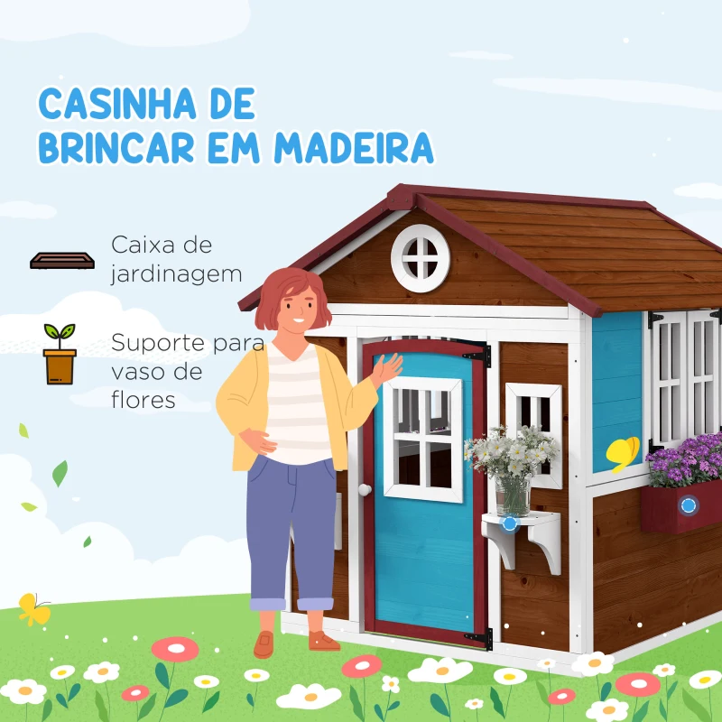 Outsunny Casa de Brincar Infantil para Jardim Casa de Madeira para Crianças com Porta Janelas e Floreiras 114x126,5x135 cm Marróm Escuro
