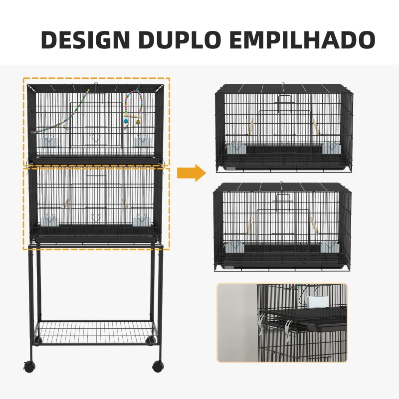 PawHut Gaiola Dupla e Empilhável para Pássaros 77x46x164 cm com Rodas Poleiros Bandeja Amovível Comedouros Baloiço e Escada Preto