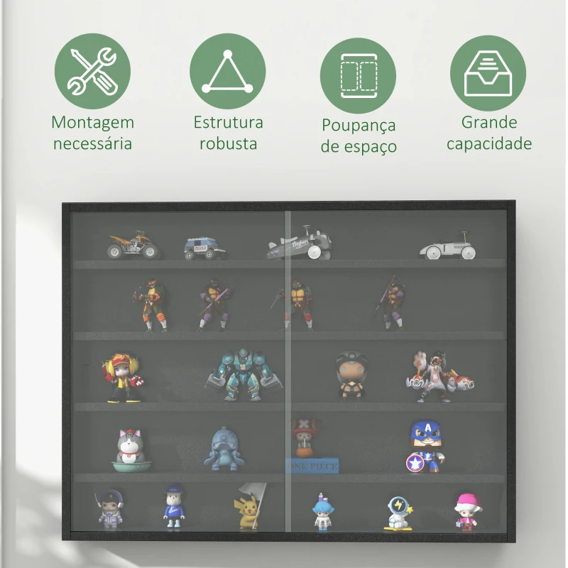 HOMCOM Vitrine de Parede de Madeira com Prateleiras Ajustáveis e 2 Portas Corredeiras de Vidro para Coleções Perfumes 80x9,5x60cm Preto